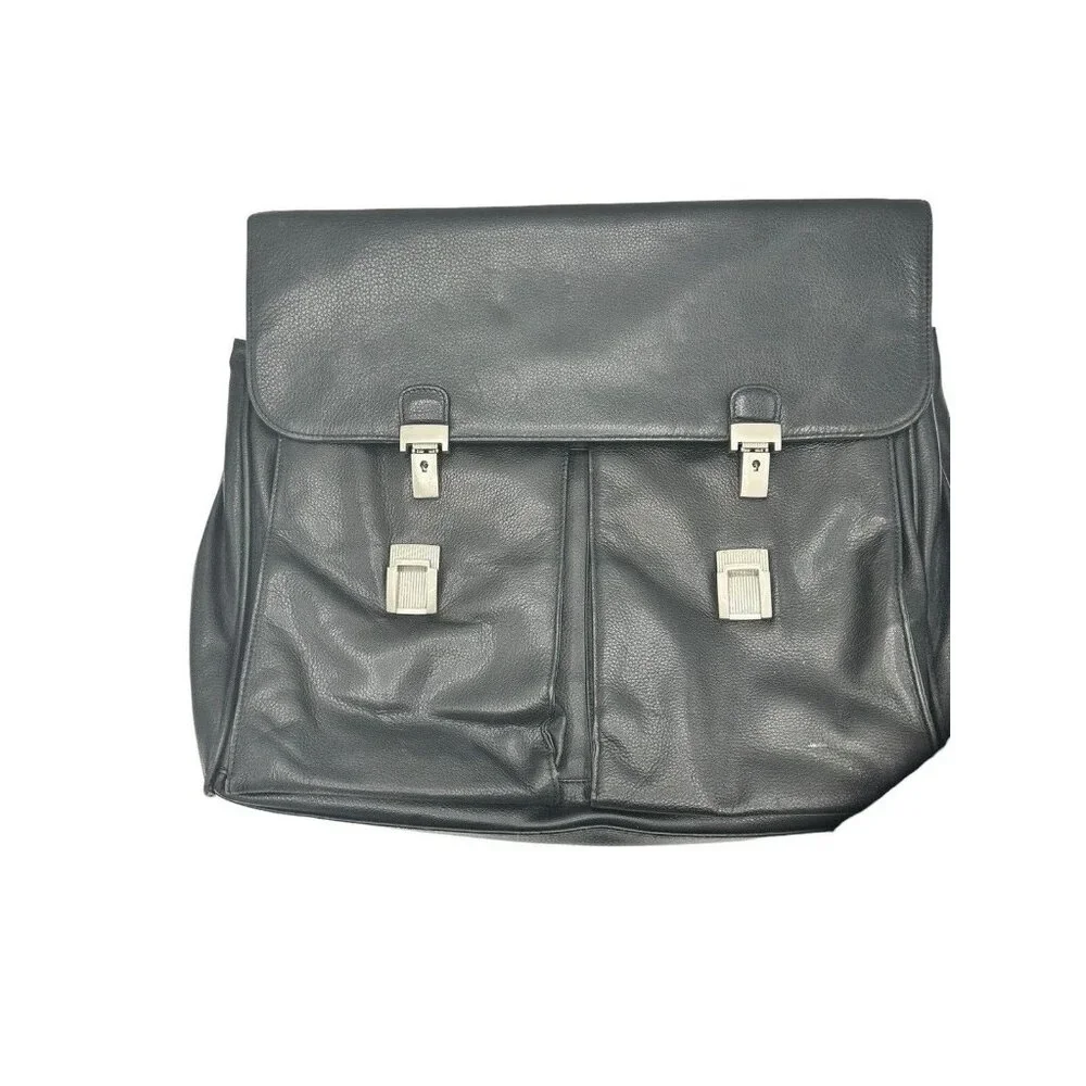 Perry Ellis Portfolio Black Genuine Leather Briefcase Black Many Pockets FLAW‎